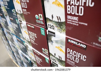 Los Angeles, California, United States - 04-06-2021: A View Of Several Cases Of Kirkland Signature Keurig Pacific Bold Flavor K-cup Pods, On Display At A Local Costco Store.