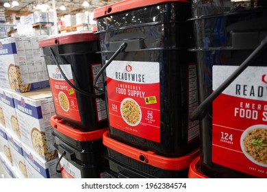 Los Angeles, California, United States - 04-06-2021: A View Of Several Buckets Of ReadyWise Emergency Food Supply, On Display At A Local Big Box Grocery Store.