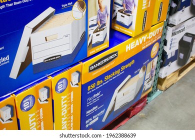 Los Angeles, California, United States - 04-06-2021: A View Of Several Bankers Box Containers, On Display At A Local Big Box Grocery Store.