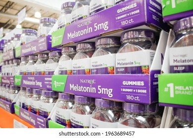 Los Angeles, California, United States - 04-26-2021: A View Of Several Packages Of Natrol Melatonin Gummies, On Display At A Local Big Box Grocery Store.
