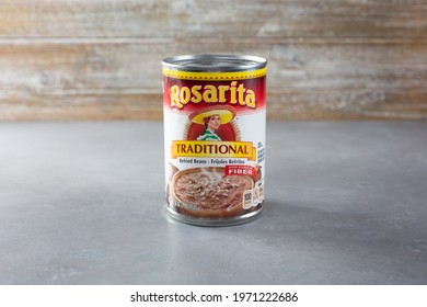 Los Angeles, California, United States - 04-26-2021: A View Of A Can Of Rosarita Refried Beans.