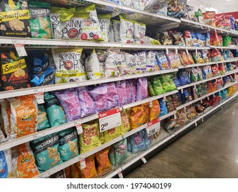 Los Angeles, California, United States - 04-26-2021: A View Of The Chip Snack Aisle, On Display At A Local Grocery Store.