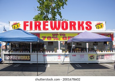 Los Angeles, California, United States - 07-03-2021: A View Of The Front Area Of A TNT Fireworks Stand In A Shopping Center Parking Lot.