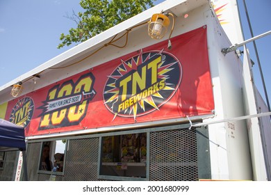 Los Angeles, California, United States - 07-03-2021: A Closeup View Of The Banner Of A TNT Fireworks Stand.