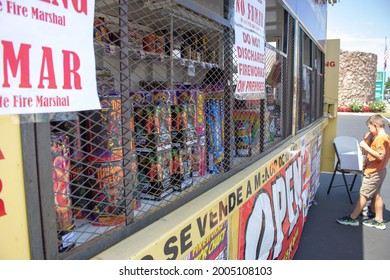 Los Angeles, California, United States - 07-03-2021: A Closeup View Of A Phantom Fireworks Stand. Fireworks Products Are Stacked Against The Window.