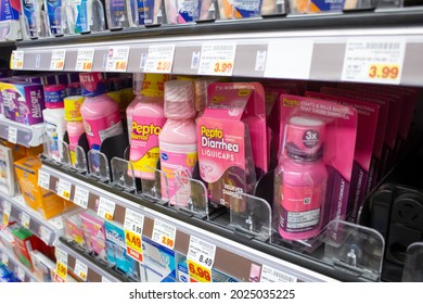 Los Angeles, California, United States - 08-10-2021: A View Of Several Pepto Bismol Products, On Display At A Local Grocery Store.