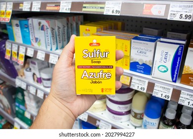 Los Angeles, California, United States - 08-10-2021: A View Of A Hand Holding A Package Of Grisi Pharma Sulfur Soap, On Display At A Local Grocery Store.