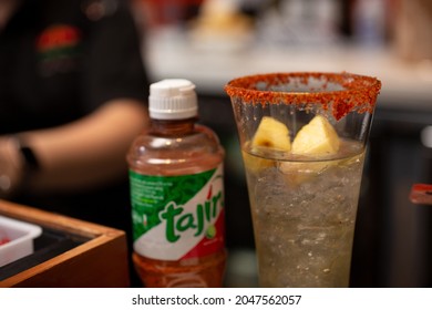 Los Angeles, California, United States - 08-24-2021: A View Of A Cocktail Drink Featuring Tajin Seasoning On The Rim.