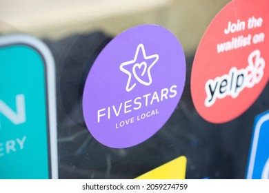 Los Angeles, California, United States - 10-02-2021: A View Of A Fivestars Rewards App Sticker Advertised On The Front Door Of A Local Restaurant.