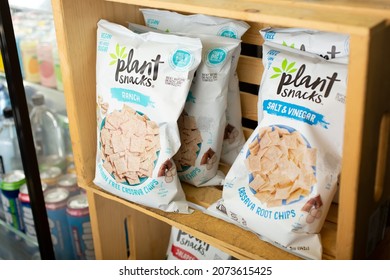 Los Angeles, California, United States - 10-25-2021: A View Of Several Bags Of Plant Snacks Ranch Flavor Cassava Chips, On Display At A Local Convenient Store.