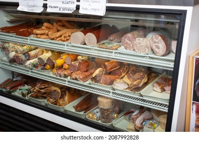 Los Angeles, California, United States - 10-25-2021: A View Of A Display Case Full Of A Variety Of Eastern European Style Deli Meats.