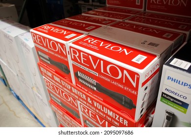 Los Angeles, California, United States - 10-25-2021: A View Of Several Cases Of Revlon One-Step Dryer And Volumizer Brush, On Display At A Local Big Box Grocery Store.