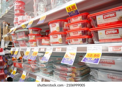 Los Angeles, California, United States - 10-25-2021: A view of several Pyrex food storage and cooking ware, on display at a local grocery store.