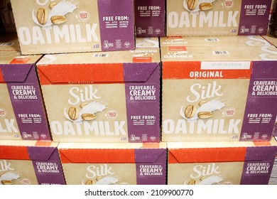 Los Angeles, California, United States - 10-25-2021: A View Of Several Cases Of Silk Oat Milk, On Display At At Local Big Box Grocery Store.