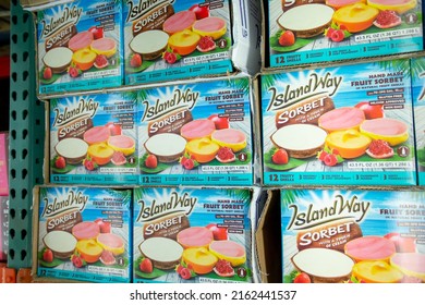 Los Angeles, California, United States - 05-20-2022: A View Of Several Cases Of Island Way Sorbet, On Display At A Local Big Box Grocery Store.