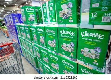 Los Angeles, California, United States - 05-20-2022: A View Of Several Cases Of Kleenex Soothing Lotion Tissues, On Display At A Local Big Box Grocery Store.