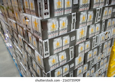 Los Angeles, California, United States - 03-01-2022: A View Of Several Cases Of Sapporo Beer, On Display At A Local Big Box Grocery Store.