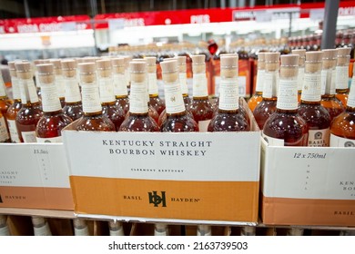 Los Angeles, California, United States - 03-01-2022: A View Of Several Bottles Of Basil Hayden Whiskey, On Display At A Local Big Box Grocery Store.