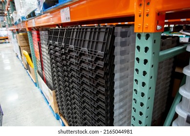 Los Angeles, California, United States - 03-01-2022: A View Of A Stack Of Large Plastic Storage Containers, On Display At A Local Big Box Grocery Store.