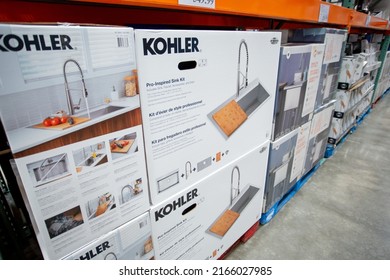 Los Angeles, California, United States - 03-01-2022: A View Of Several Boxes Of Kohler Kitchen Sink Basins, On Display At A Local Big Box Grocery Store.