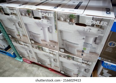 Los Angeles, California, United States - 05-20-2022: A View Of Several Cases Of Kohler Toilet Kit, On Display At A Local Big Box Grocery Store.