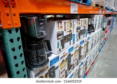 Los Angeles, California, United States - 05-20-2022: A view of several cases of Ninja DualBrew coffee making machines, on display at a local big box grocery store.