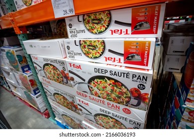 Los Angeles, California, United States - 05-20-2022: A View Of Several Cases Of T-Fal Deep Saute Pans, On Display At A Local Big Box Grocery Store.