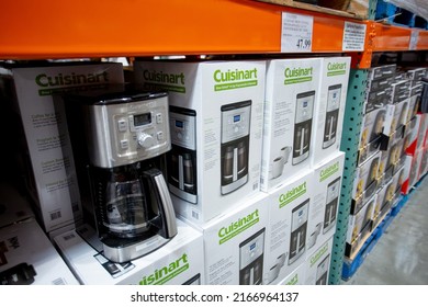 Los Angeles, California, United States - 05-20-2022: A view of several cases of Cuisinart coffee marker appliances, on display at a local big box grocery store.