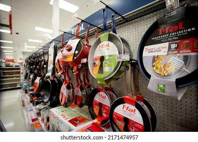 Los Angeles, California, United States - 05-20-2022: A View Of A Hanging Rack Display Full Of T-Fal Cookware, On Display At A Local Department Store.