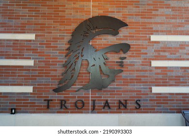 Los Angeles, California  United States - 08-9-2022: The University Of Southern California, Tommy Trojan Logo On A Brick Wall.