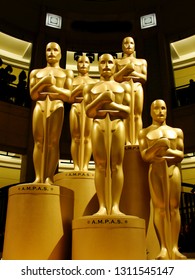 Los Angeles, California, Unites States- February 27, 2011: Five Oscar Statues Stand Guard Awaiting The Academy Awards Ceremonies.