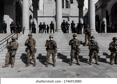 Los Angeles, California / US 05/31/2020 National Guard And Cops Protecting The City Hall In Downtown LA During George Floyd Protest