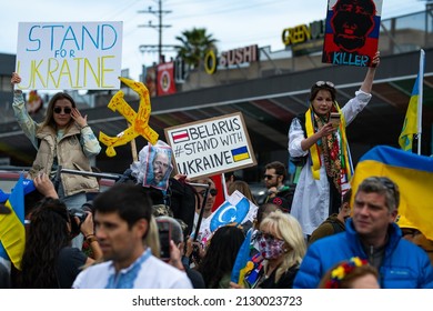 Los Angeles, California, US - February 26, 2022: Belarus stand with Ukraine poster. Ukrainian demonstration against Russia war in Ukraine. Fascism and the murder of children
