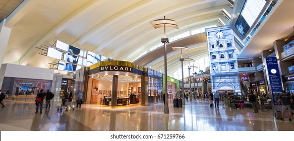 LOS ANGELES, CALIFORNIA, US - Jun 17 2017: Tom Bradley International Airport Departure Terminal Duty Free Shops In Los Angeles, US