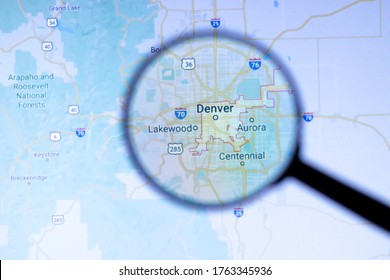 Los Angeles, California, USA - 1 May 2020: Denver City Town name with location on map close up, Illustrative Editorial.