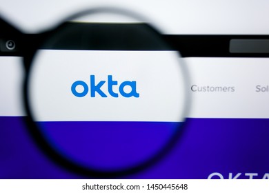 Los Angeles, California, USA - 25 June 2019: Illustrative Editorial of Okta website homepage. Okta logo visible on display screen.
