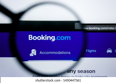 Los Angeles, California, USA - 25 June 2019: Illustrative Editorial of booking com website homepage. booking com logo visible on display screen.