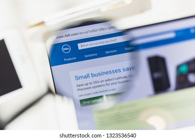 Los Angeles, California, USA - 27 February 2019: Dell Official Website Homepage Under Magnifying Glass. Concept Dell Logo Visible On Smartphone, Tablet Screen,