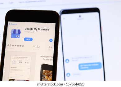 Los Angeles, California, USA - 28 November 2019: Google My Business App Icon On Mobile Phone Screen With Logo On Laptop On Blurry Background, Illustrative Editorial
