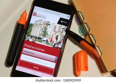 Los Angeles, California, USA - 7 December 2019: Mobile phone screen with University of Bristol website page close-up. Higher education admission and overview concept, Illustrative Editorial