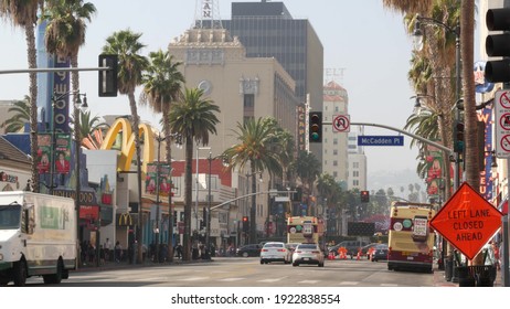 LOS ANGELES, CALIFORNIA, USA - 7 NOV 2019: Walk Of Fame Promenade, Hollywood Boulevard In LA City. Pedastrians Walking On Sidewalk Of Street. Entertainment And Cinema Industry Iconic Tourist Landmark.