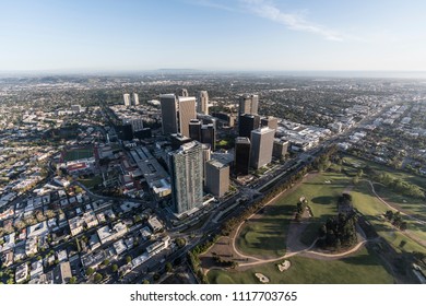 Los Angeles, California, USA - April 18, 2018:  Aerial View Of Santa Monica Blvd And The Century City Skyline In West LA.  