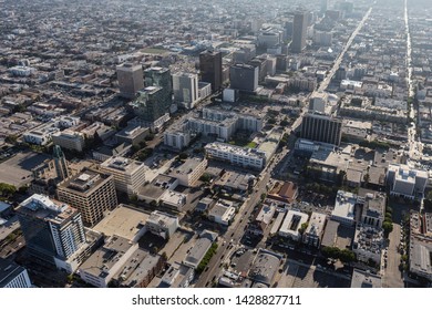 Los Angeles, California, USA - August 6, 2016:  Afternoon aerial view of Wilshire Blvd and 6th Street near downtown LA.  