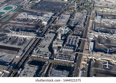 Los Angeles, California, USA - August 16, 2016:  Afternoon Aerial View Of Roads, Parking Lots And Terminals At LAX Airport In Southern California.