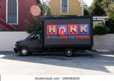 Los Angeles, California / USA - August 22, 2019: Rolling Stone Truck Coming From The Tailgate Party. In A Big LED Screen It Says, Honk If You Love The Stones. Concert At The Rose Bowl In Pasadena, Ca.