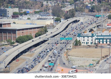 Los Angeles, California, USA - August 14, 2015: U.S. Route 101 Runs Through Downtown LA Near The East Los Angeles Interchange, The World's Busiest Freeway Interchange.