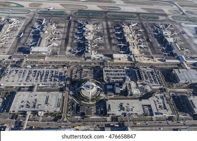 Los Angeles, California, USA - August 16, 2016:  Aerial View Of Terminals And Parking Garages At LAX.