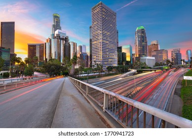Los Angeles, California, USA downtown skyline and highways at twilight.