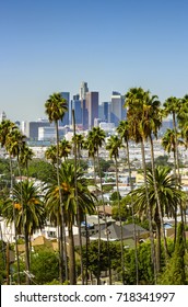 Los Angeles, California, USA Downtown Skyline And Palm Trees In Foreground