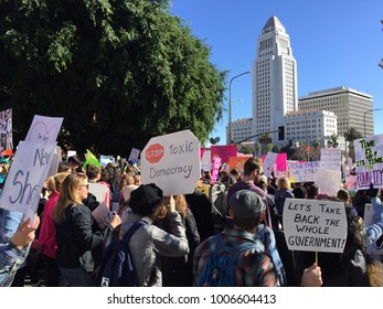 Los Angeles, California / USA - January 20 2018: Womens March Protestors at Los Angeles City Hall